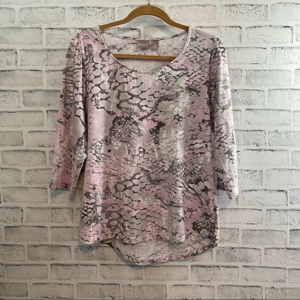 Chico's Scoop Neck Tee Shirt PINK GREY Chico's Size PRETTY!  #WB329